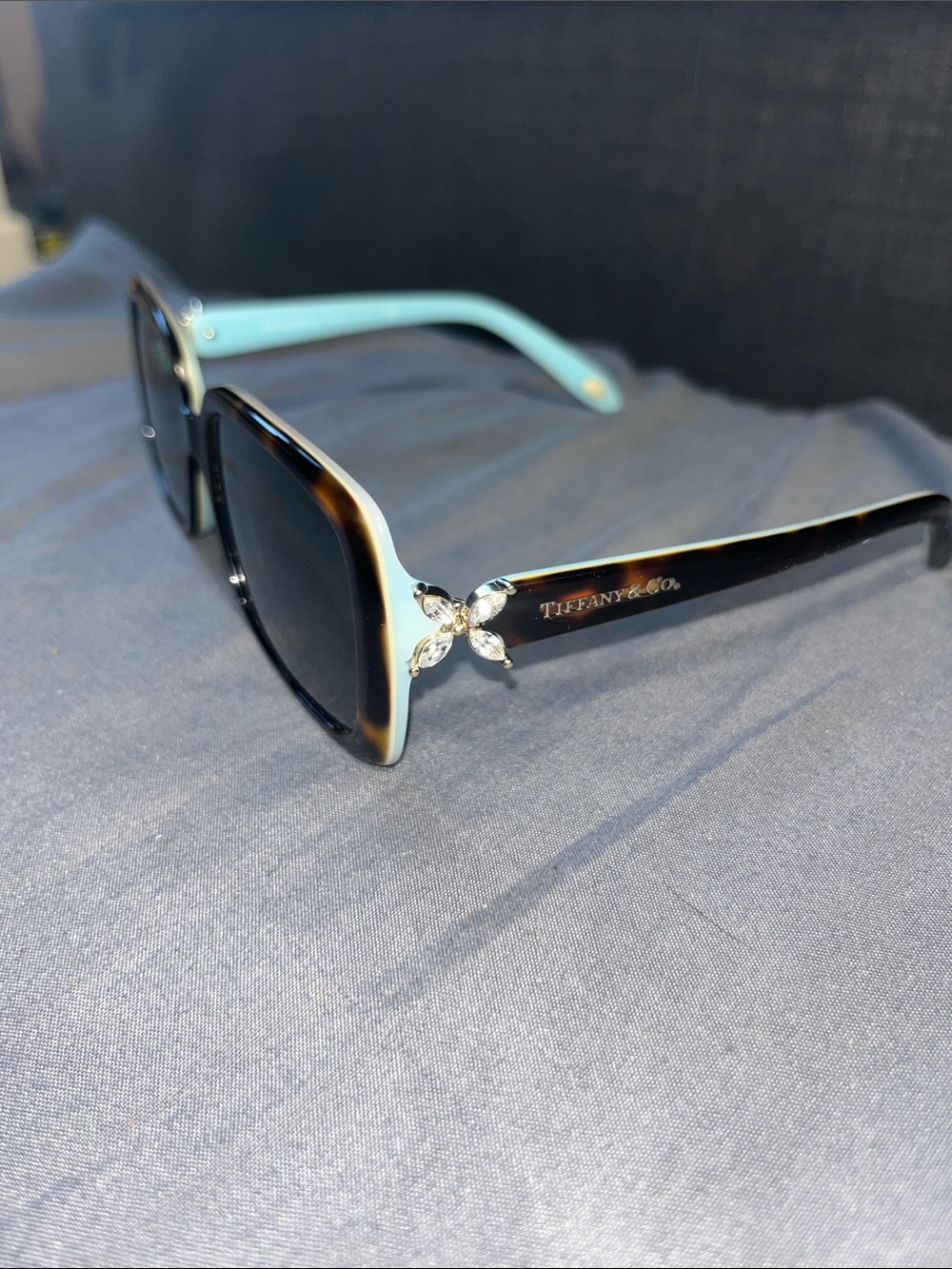 Tiffany & Co. Women's Black and Light Blue Butterfly Accent Sunglasses